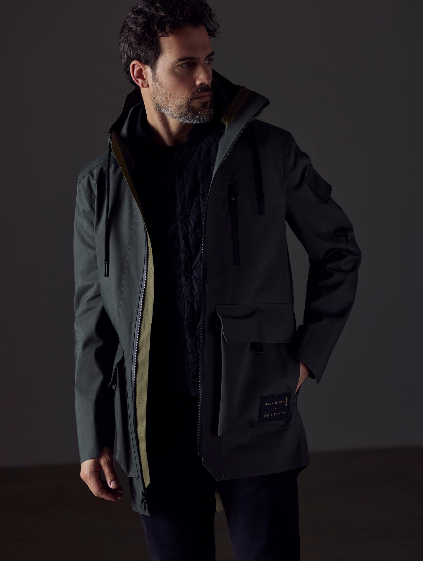 Man wearing dark green parka from AETHER Apparel