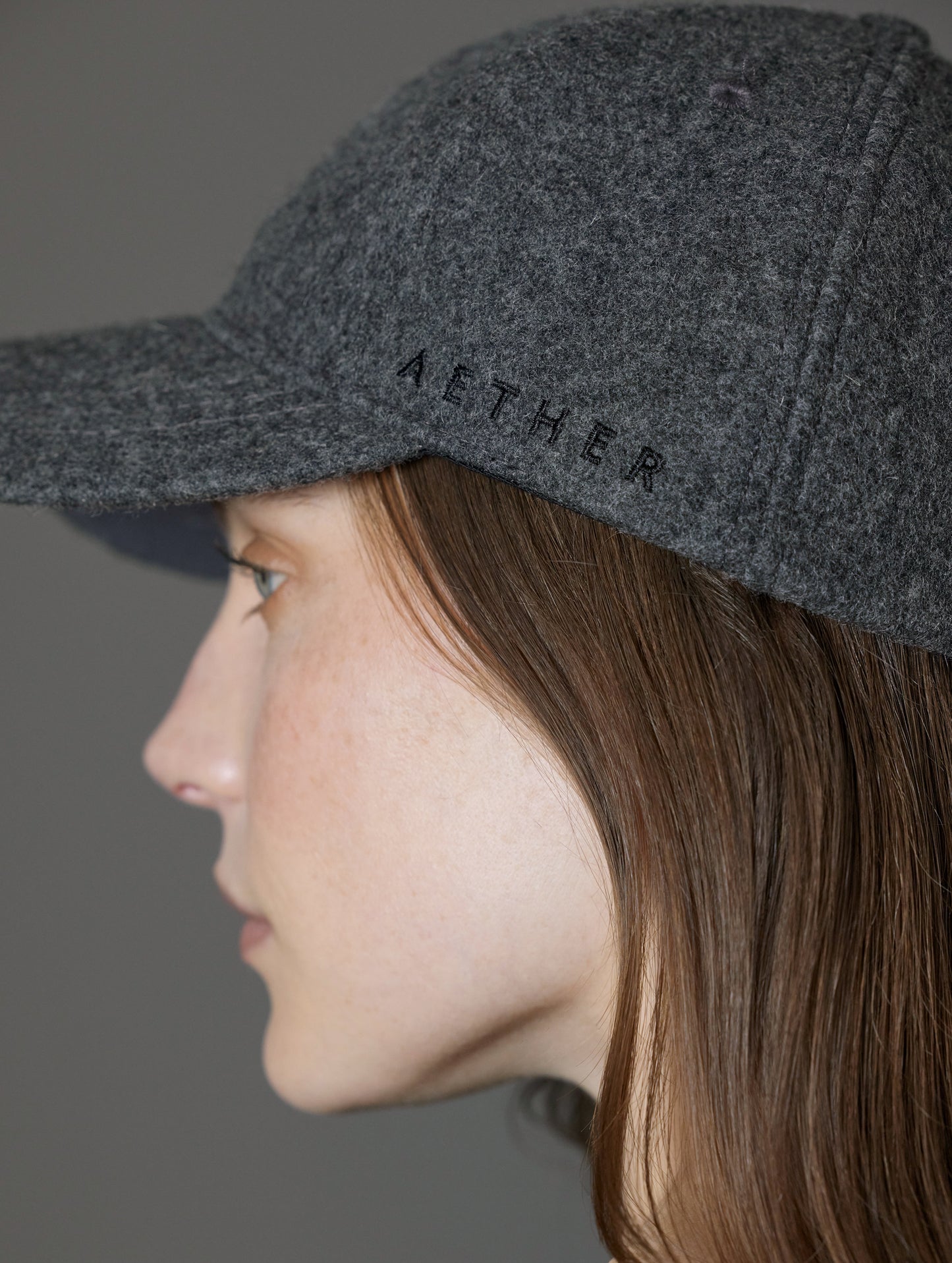 Closeup detailed view of wool construction of AETHER Wool Hat in Charcoal Heather from AETHER Apparel.