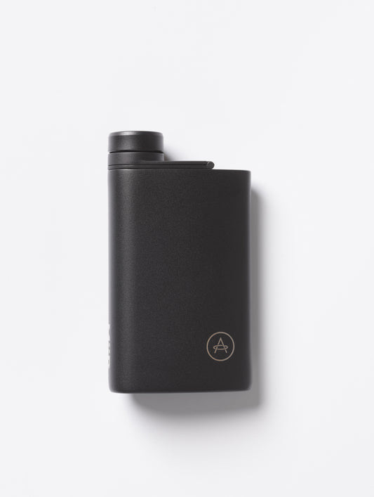 Flat lay view of front side of AETHER + Miir Aero Flask in Black with top closed.