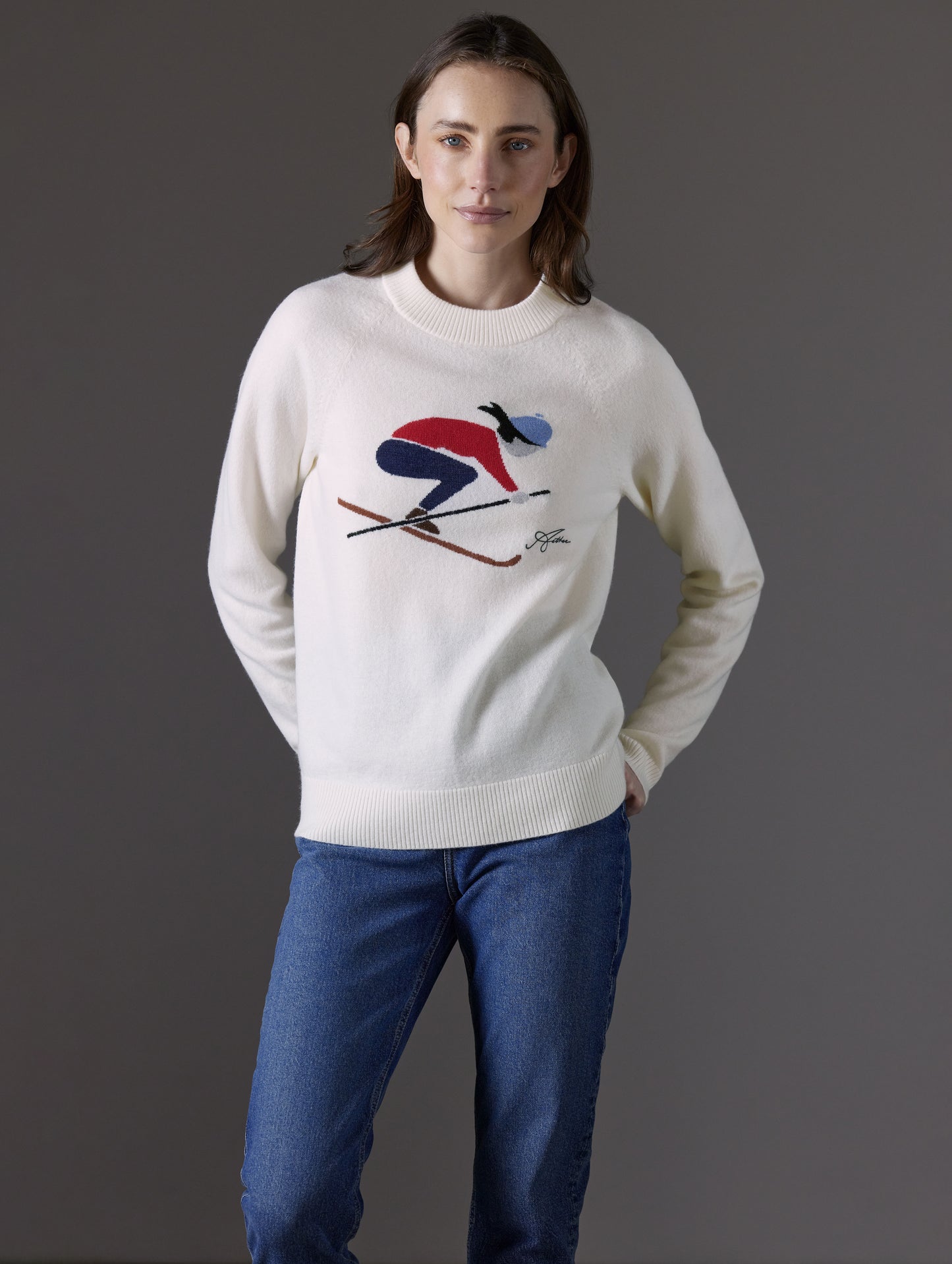Front body view of woman wearing Bridget Sweater in Winter White from AETHER Apparel.