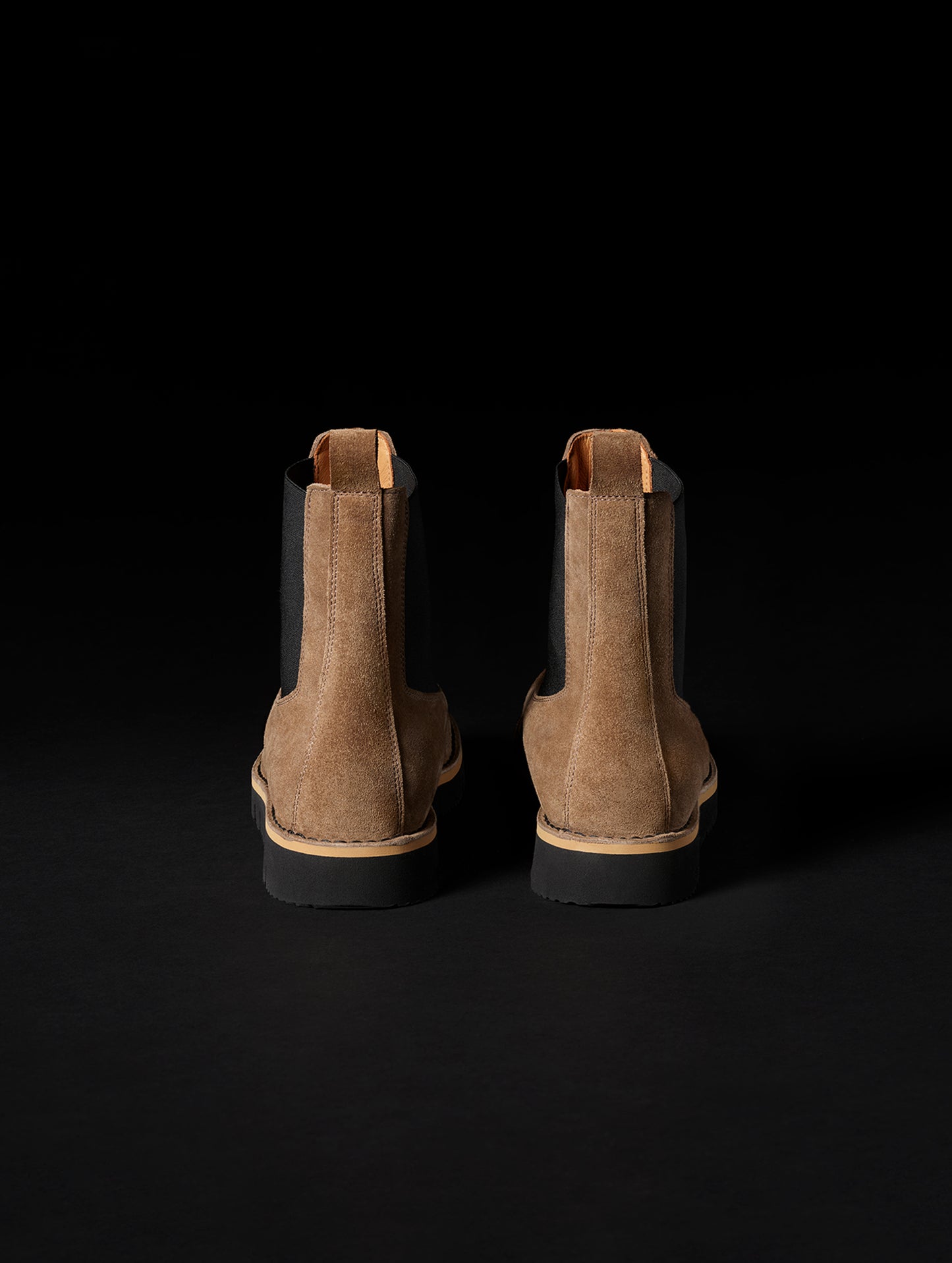 Rear view of AETHER Chelsea Boot in Taupe from AETHER Apparel.