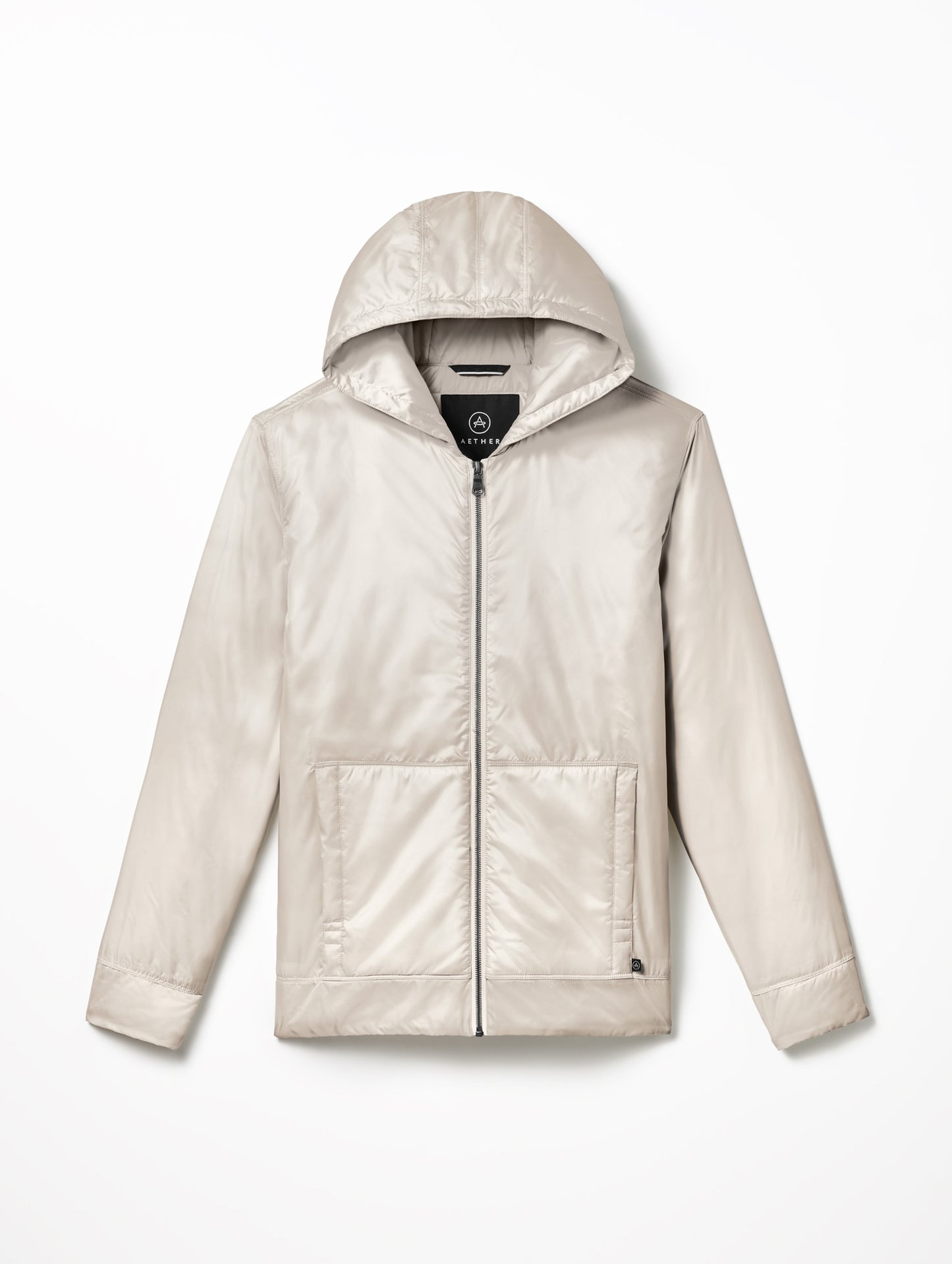 Flat lay of Eco Space Hoodie in Bone white from AETHER Apparel.