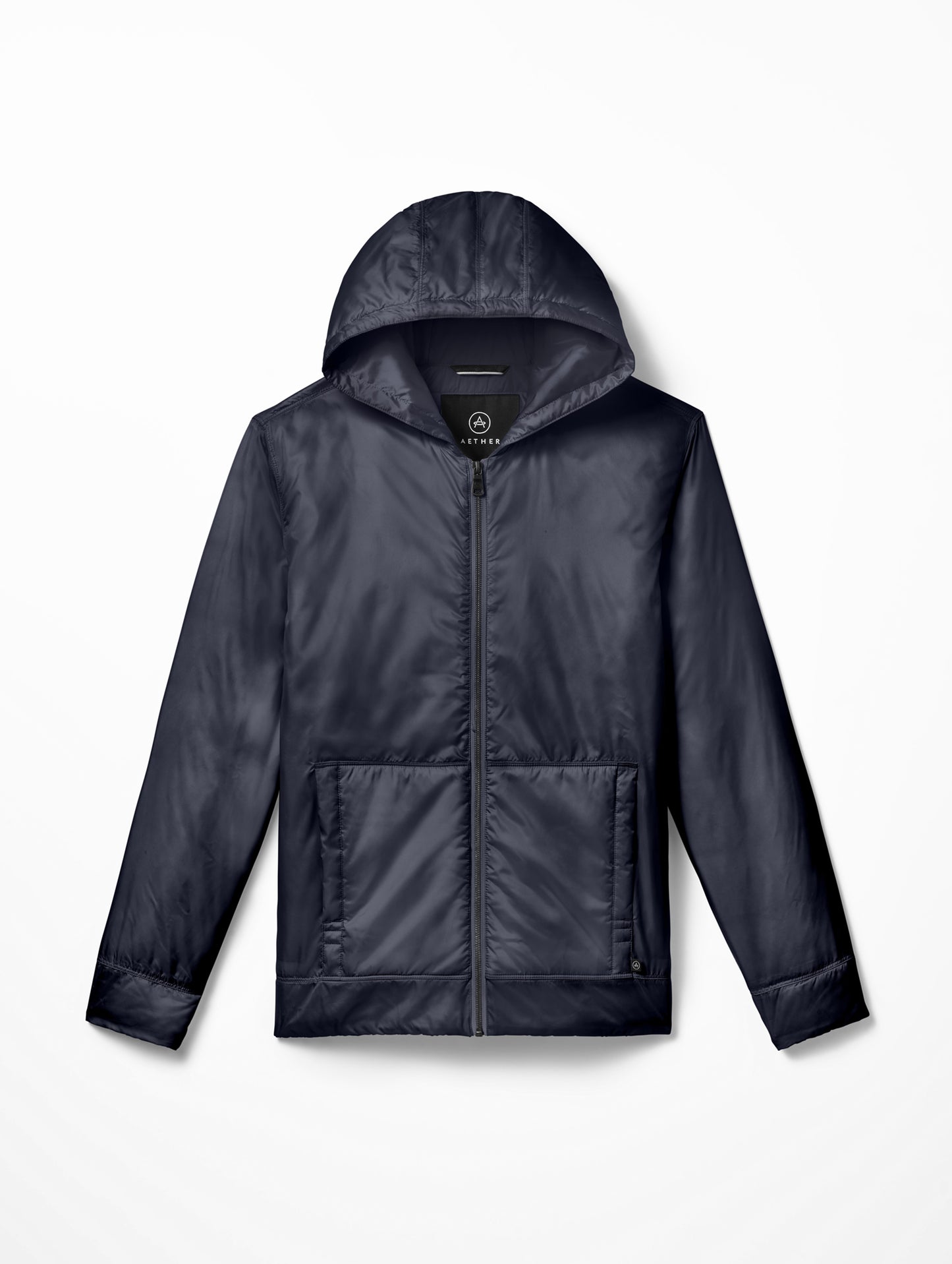 Flat lay of Eco Space Hoodie in Total Eclipse dark blue from AETHER Apparel.