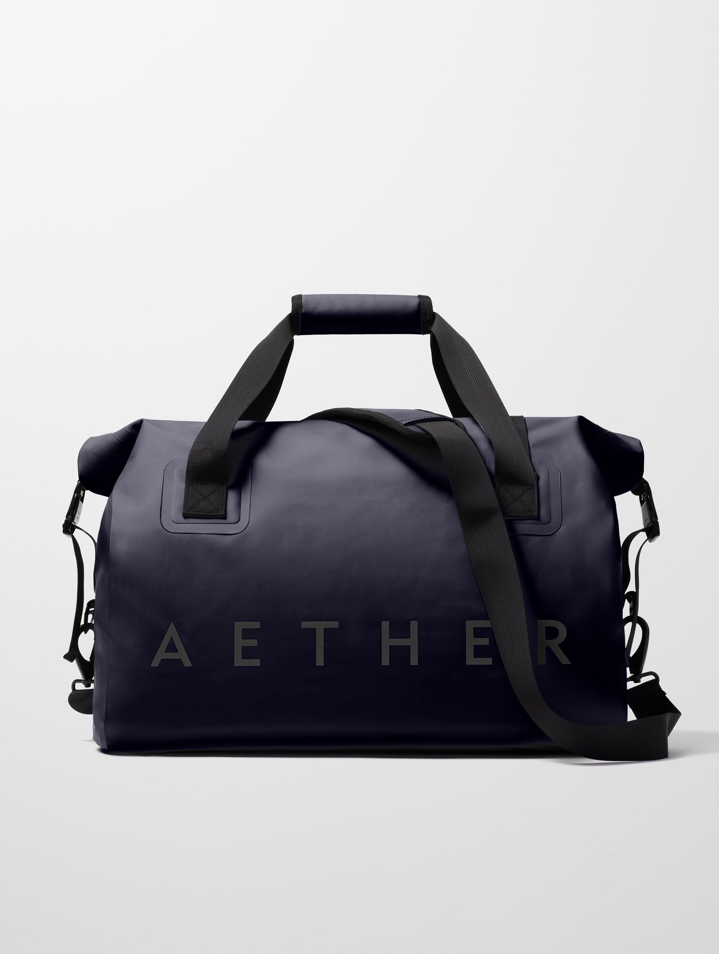 Front view of Excursion Duffle Bag 45L in Total Eclipse dark blue from AETHER Apparel.