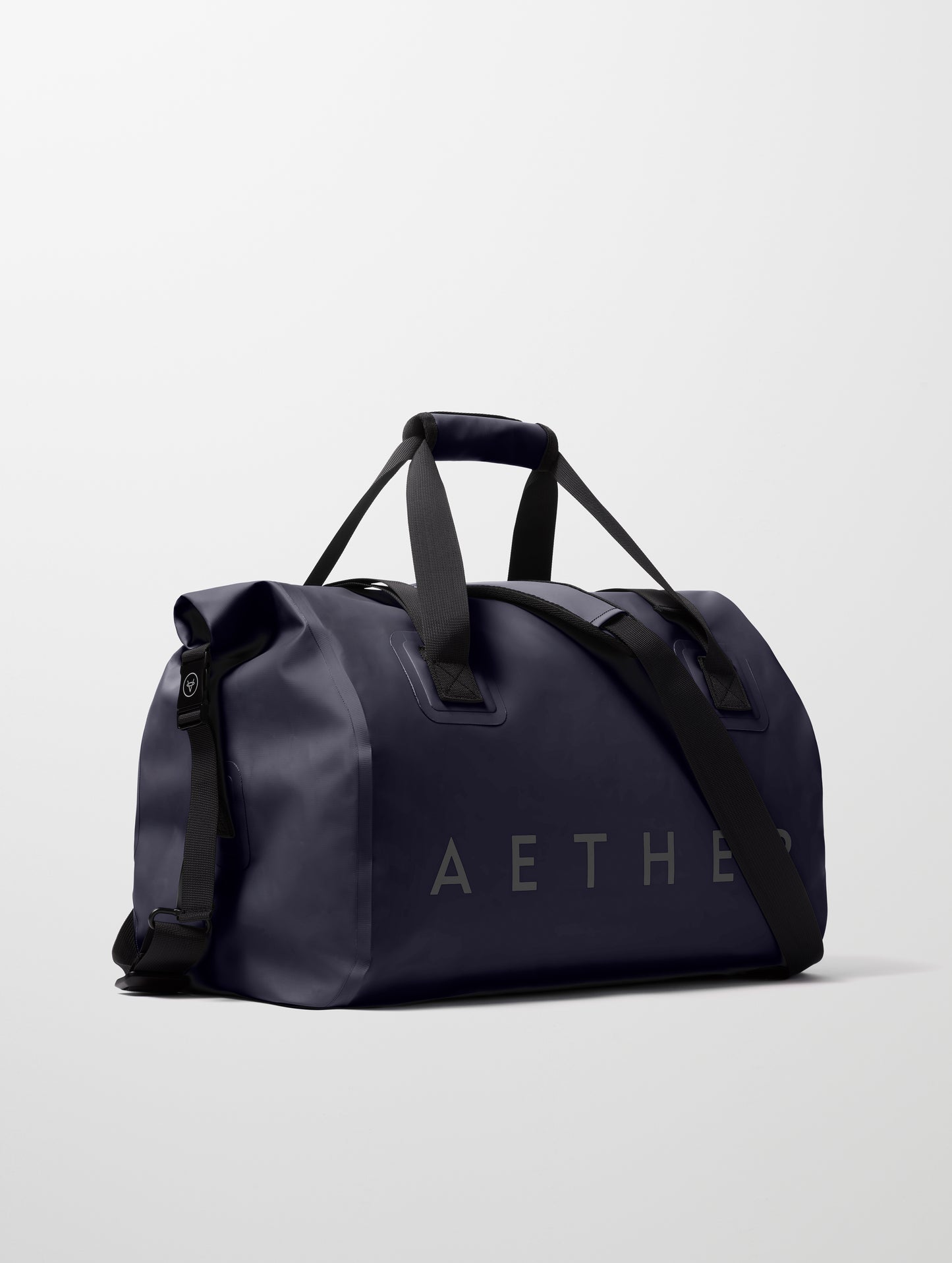 Front angled view of Excursion Duffle Bag 45L in Total Eclipse dark blue from AETHER Apparel.