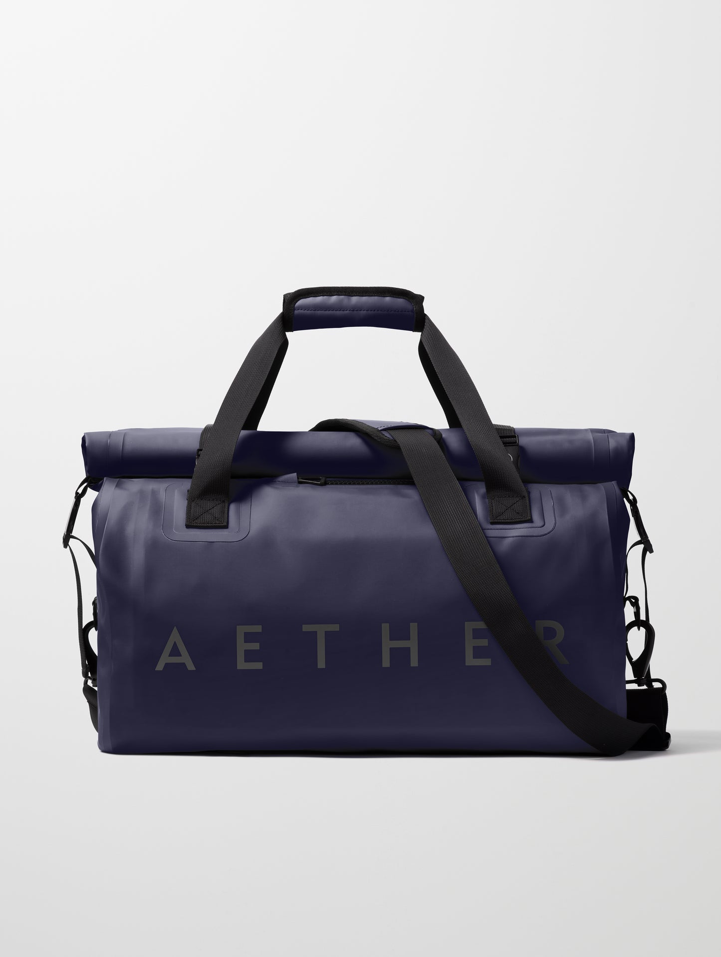 Front view of Excursion Duffle Bag 45L in Total Eclipse dark blue from AETHER Apparel.