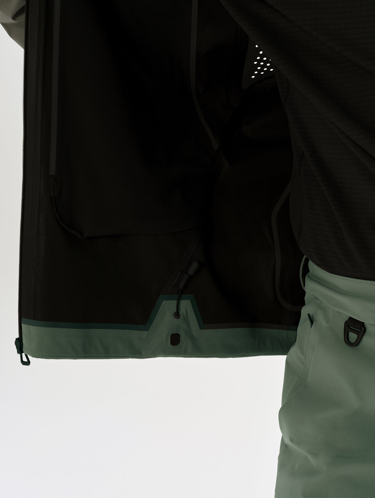 Closeup detailed view of the interior on the Frontier Hooded Shell Jacket in Gunmetal from AETHER Apparel.