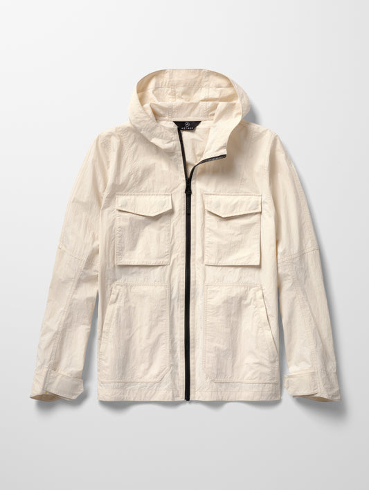Flat lay image of men's Aires Lightweight Windbreaker in Bone white from AETHER Apparel.