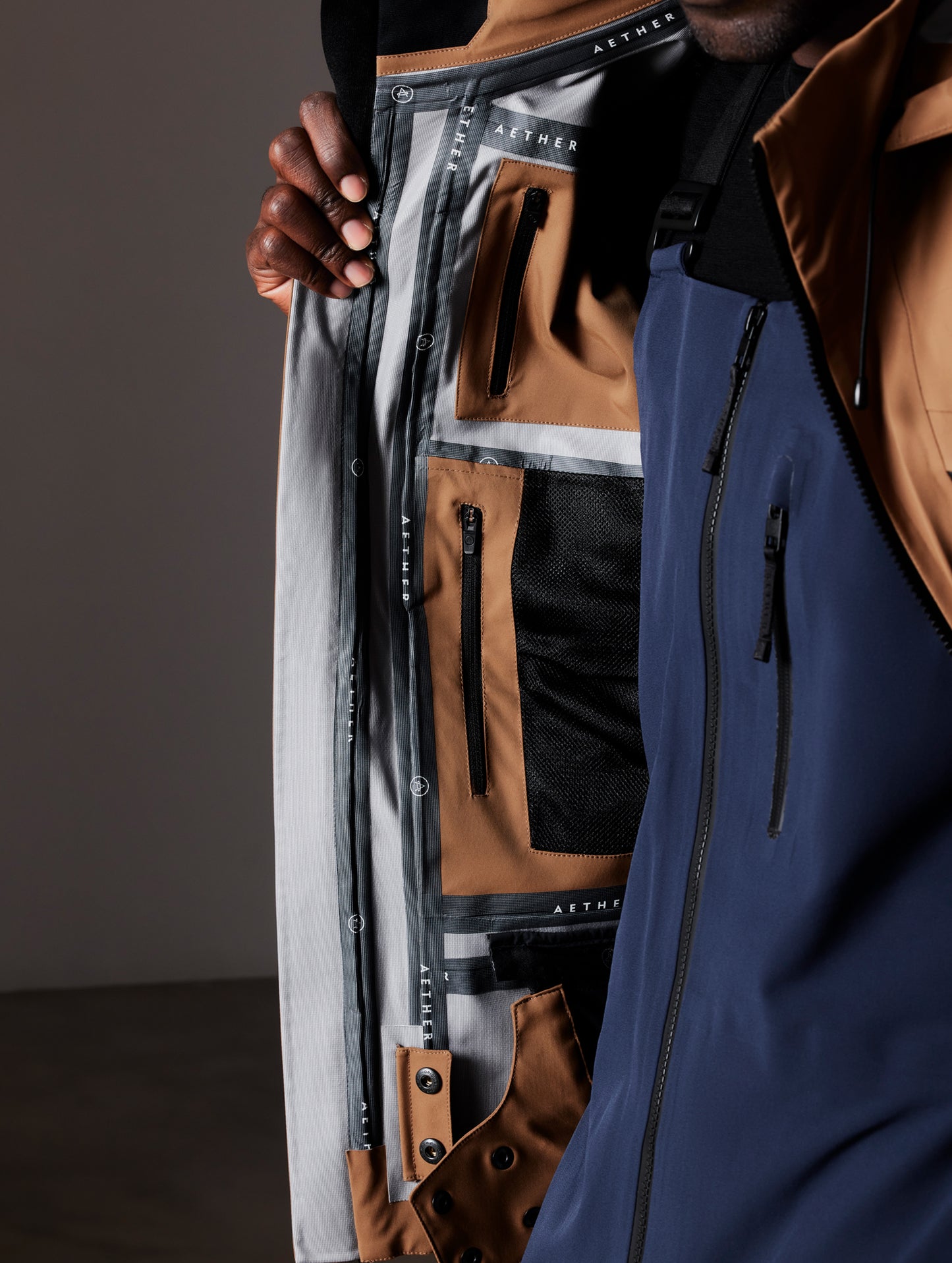 interior of brown snow shell from AETHER Apparel