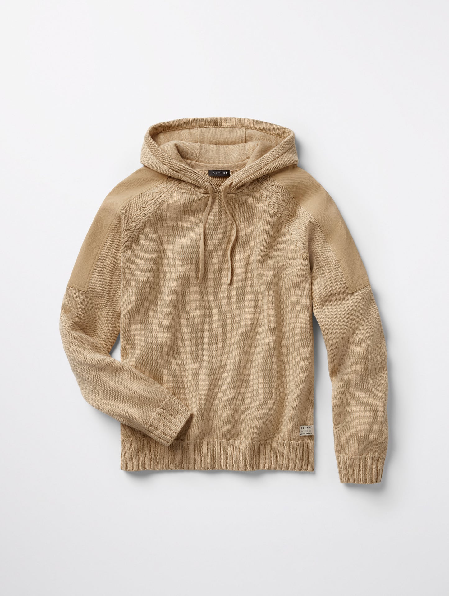 Flat lay of men's Benson Hooded Sweater in Oatmeal beige from AETHER Apparel.