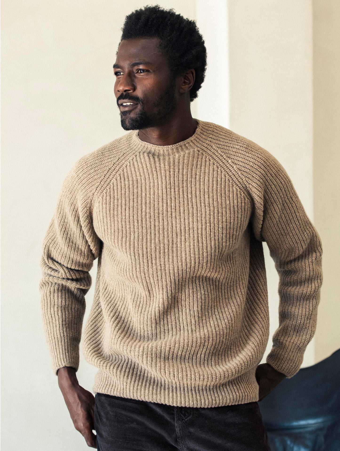 Front body view of man wearing Camden Crewneck Sweater In Chestnut Brown from AETHER Apparel