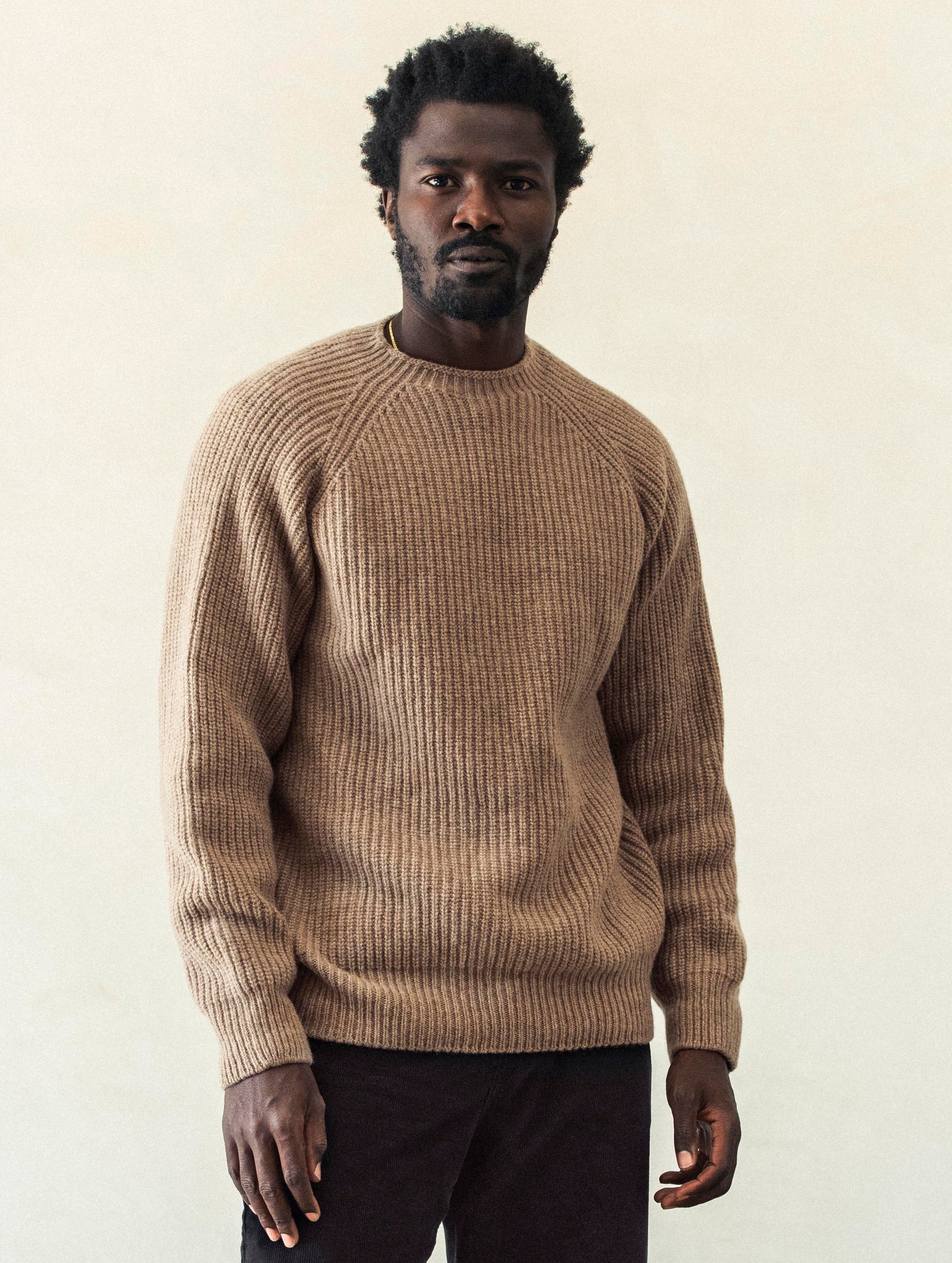 Front body view of man wearing Camden Crewneck Sweater In Chestnut Brown from AETHER Apparel