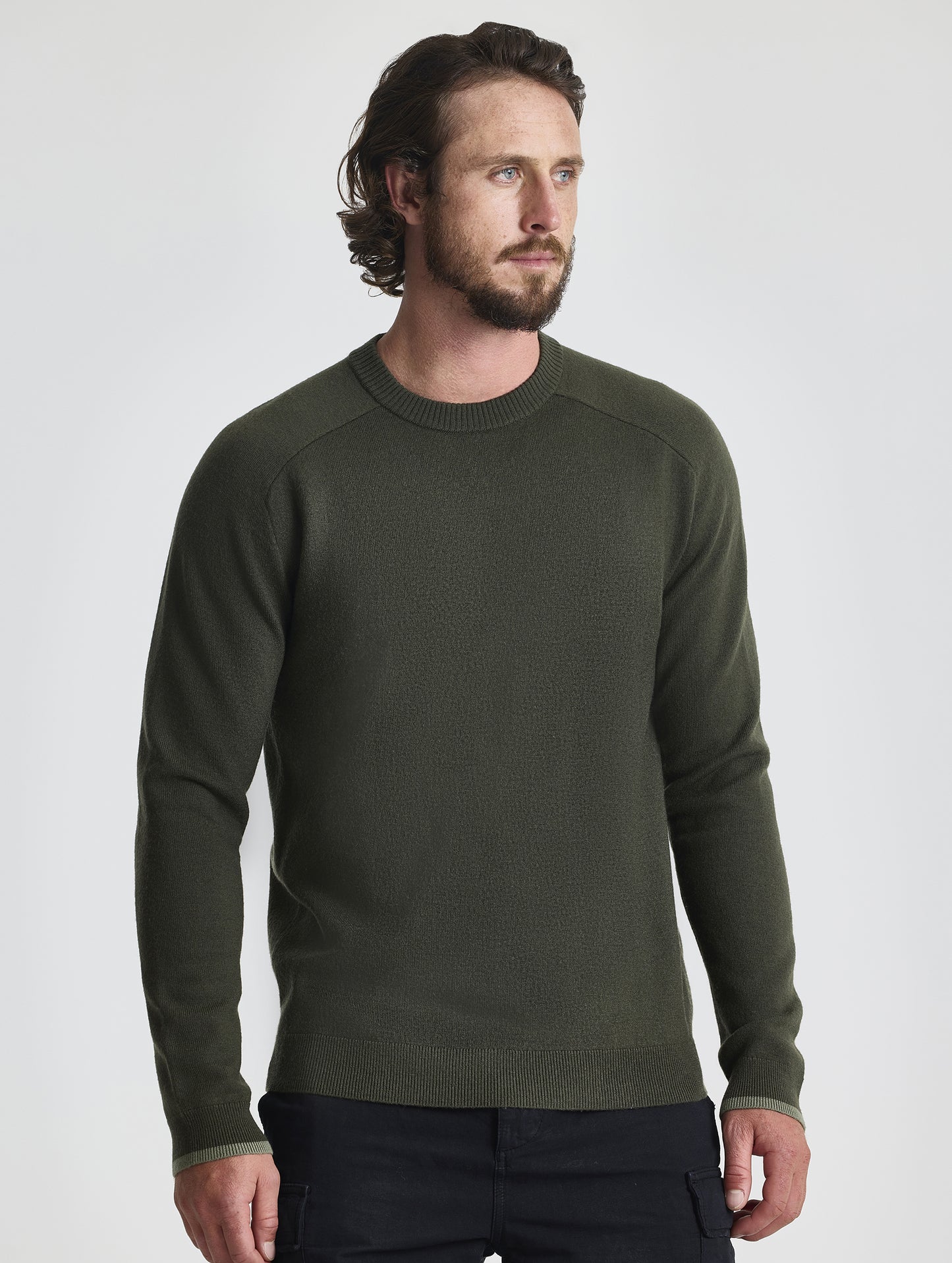 Front view of man wearing Corbin Sweater in Forest Green from AETHER Apparel.
