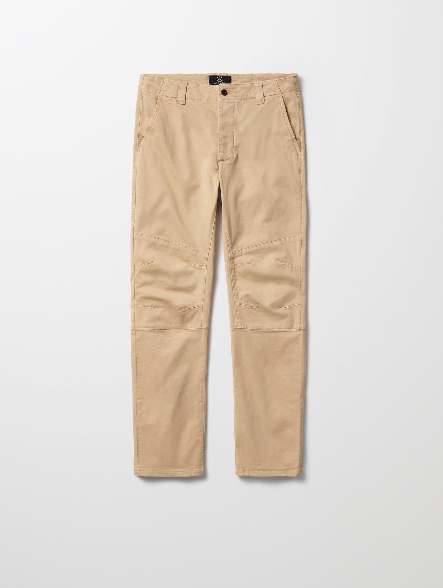 Flat lay of Gabriel Articulated Chino Stretch pant in Desert Tan from AETHER Apparel.