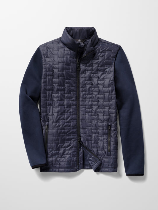 Flat lay image of men's Hybrid Tech Full-Zip in Total Eclipse dark blue from AETHER Apparel.