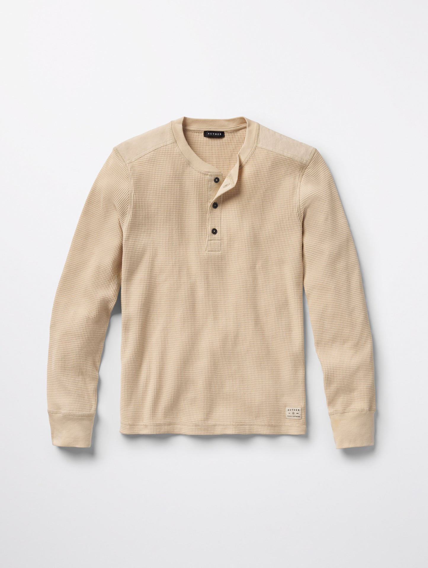 Flat lay of Milford Waffle Henley in Bone white from AETHER Apparel.