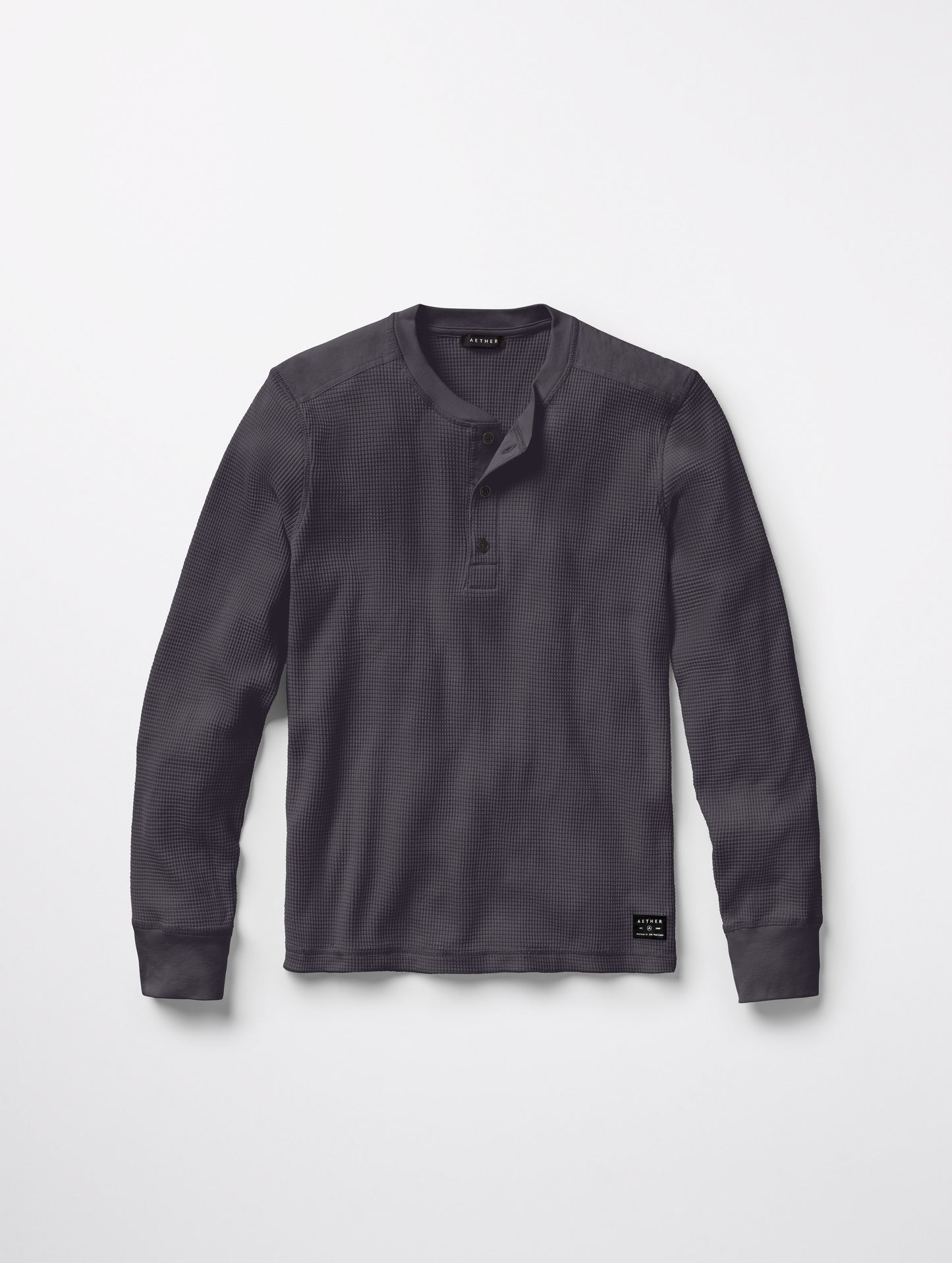 Flat lay of Milford Waffle Henley in Graphite from AETHER Apparel.