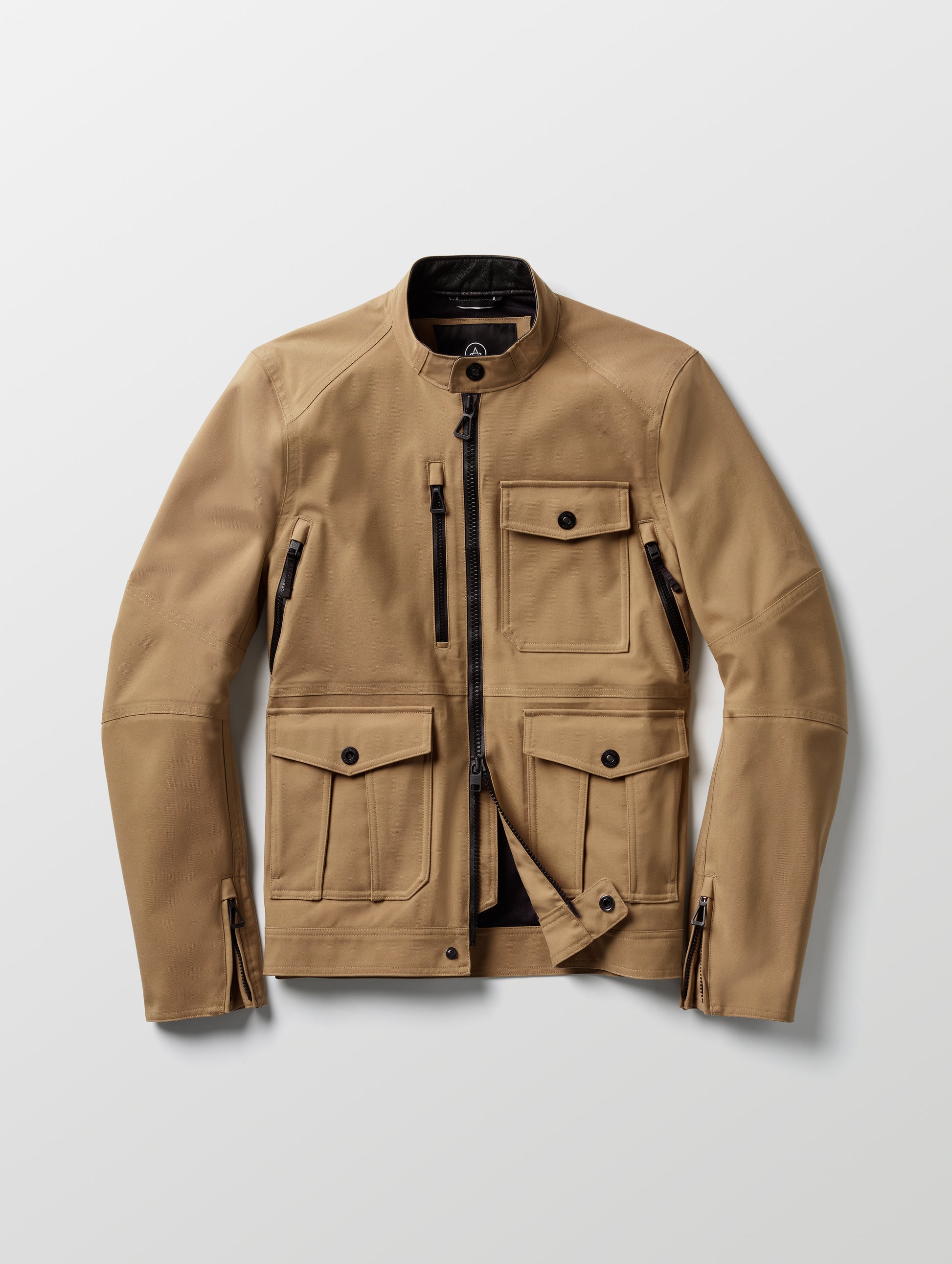 Flat lay of Mulholland Motorcycle Jacket in Reverse Brown from AETHER Apparel.