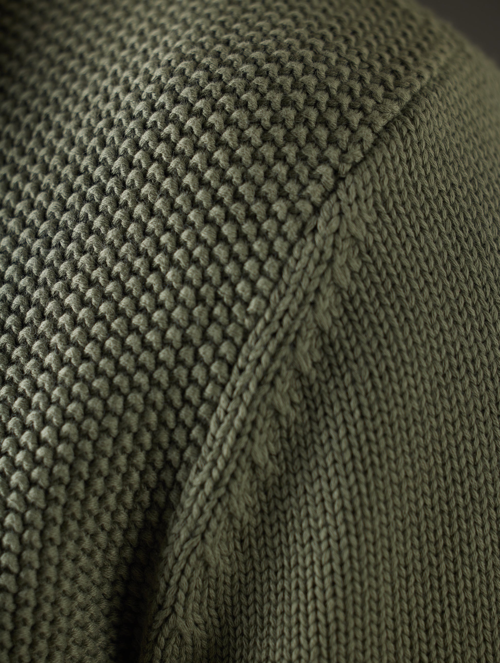 Closeup detailed view of knitted constrution of Oliver Cotton Button-Up Sweater in Fern Green from AETHER Apparel.