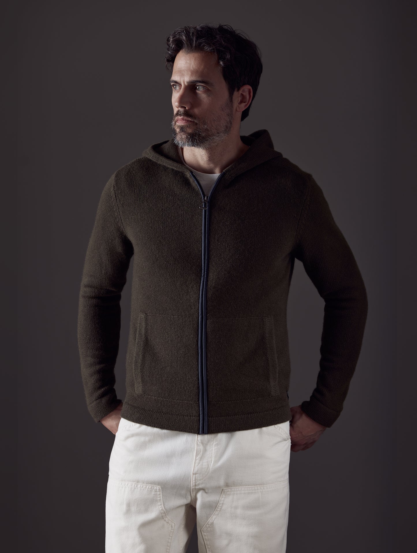 Front body view of man wearing Sawyer Cashmere Full-Zip in Command Green from AETHER Apparel.