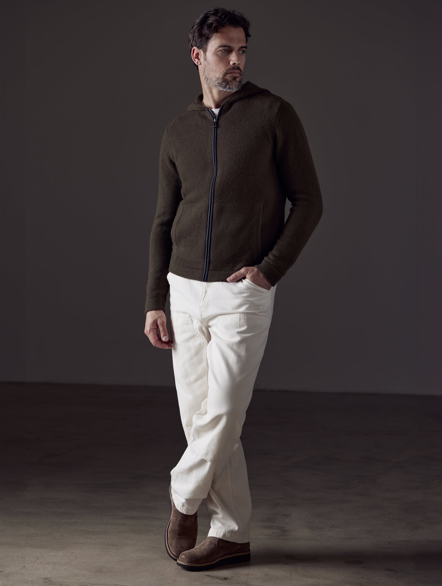 Front 3/4 full-body view of man wearing Sawyer Cashmere Full-Zip in Command Green from AETHER Apparel.