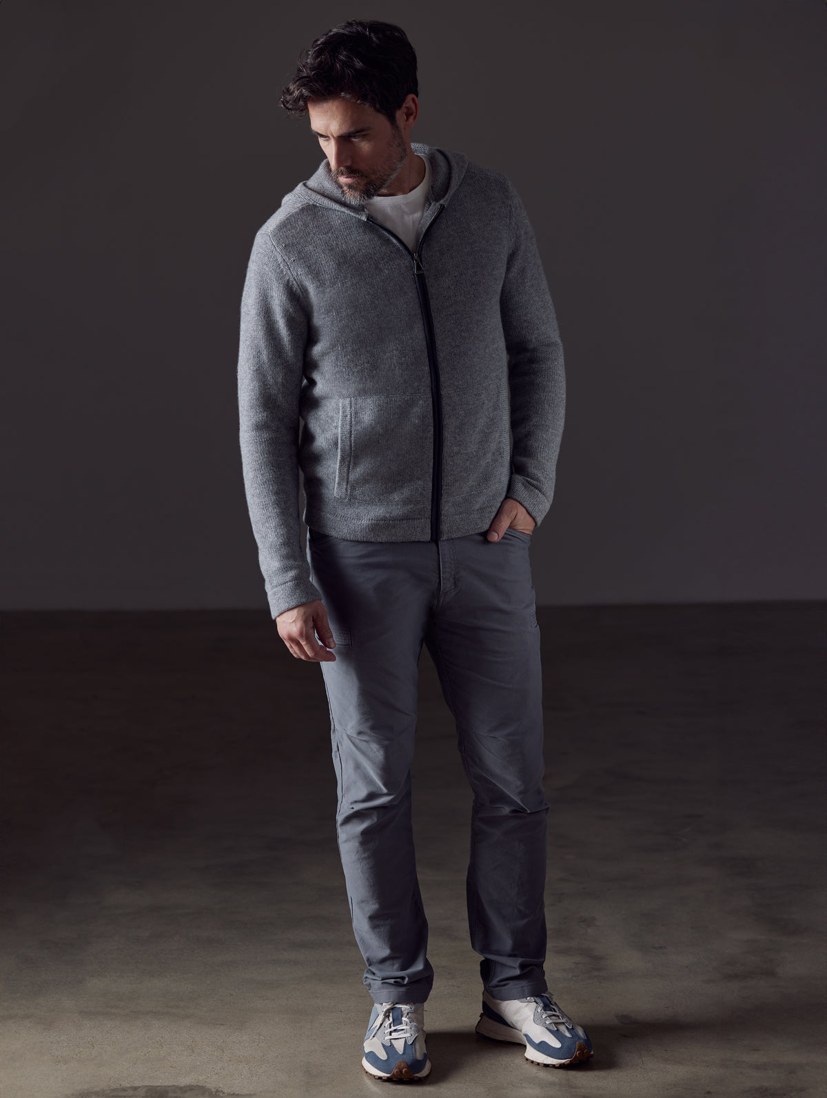 Front full-body view of man wearing Sawyer Cashmere Full-Zip in Heather Grey from AETHER Apparel.