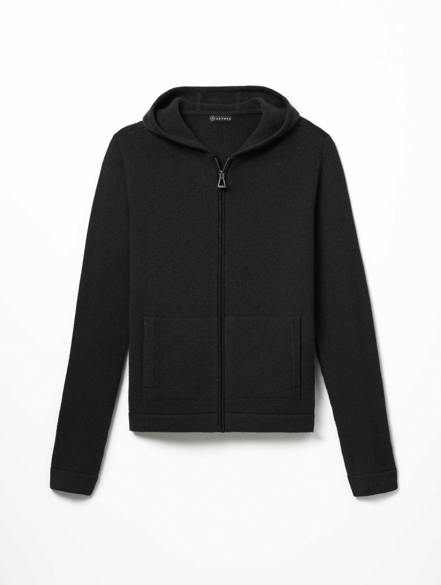 Flat lay of Sawyer Cashmere Full-Zip in Onyx Black from AETHER Apparel.