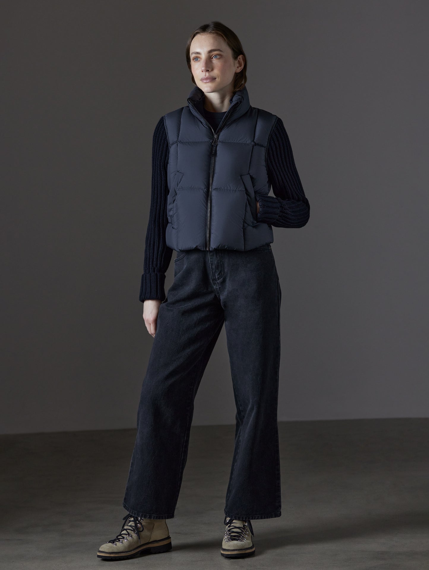 Front full-body view of woman wearing Nina Cardigan-Sleeve Jacket in Onyx Black from AETHER Apparel.