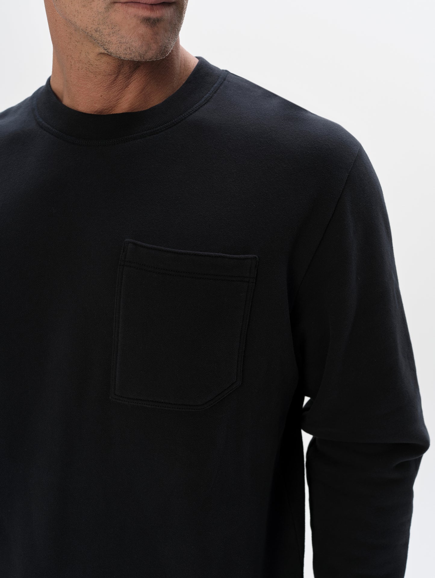 Closeup detailed view of the shoulder on the Rylan Crewneck Sweatshirt in Onyx Black from AETHER Apparel.