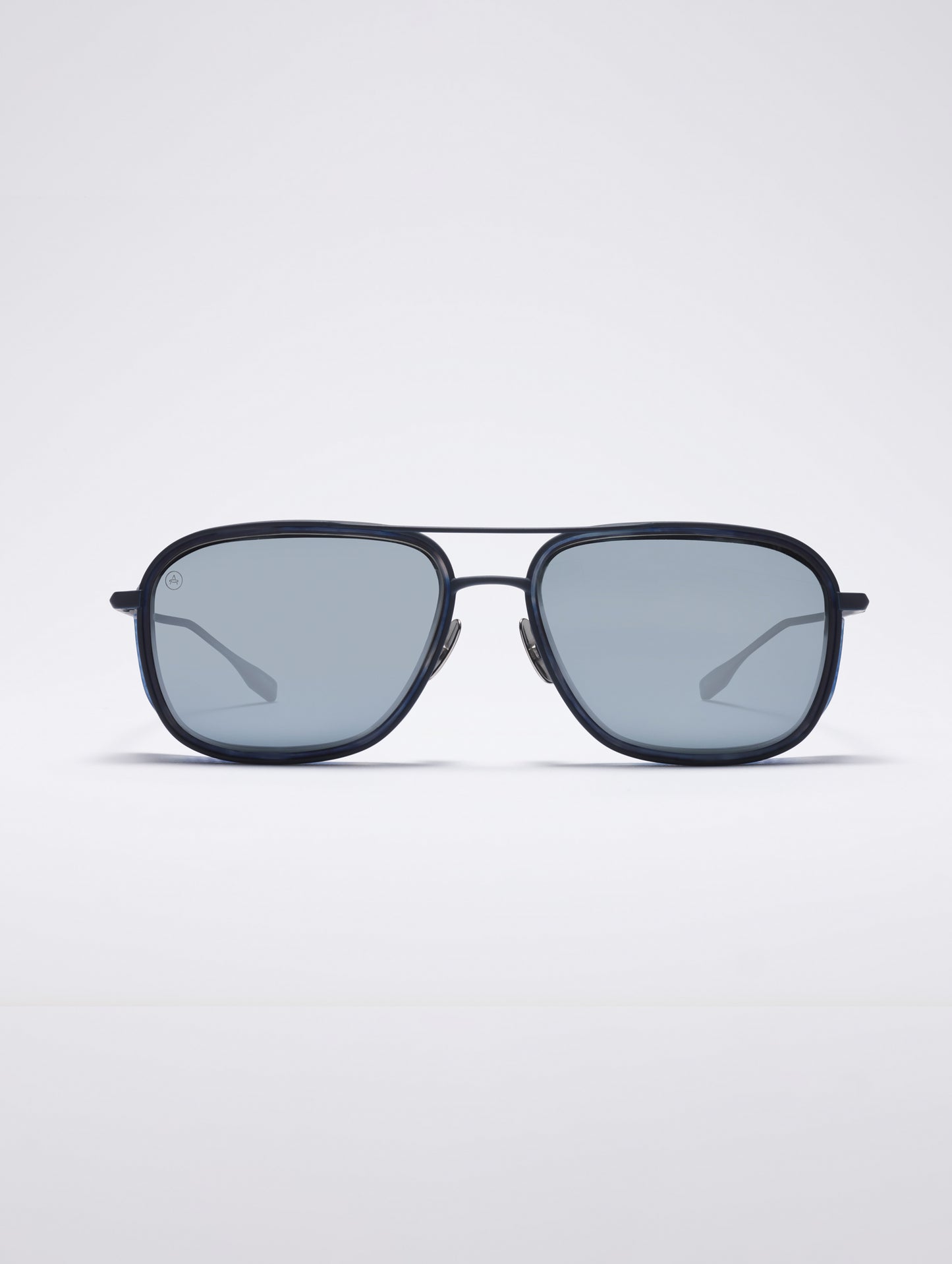 Front view of Summit Sunglass in Blue titanium with Blue Lens from AETHER Apparel.