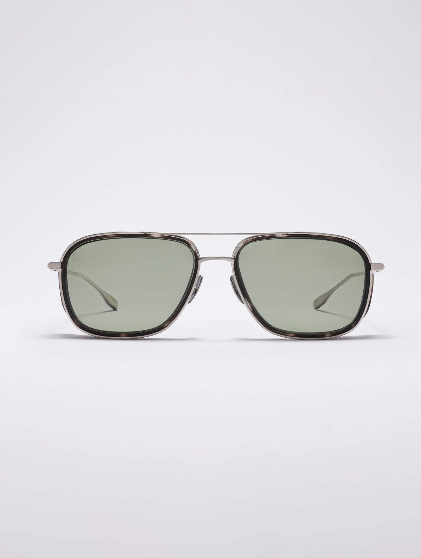 Front view of Summit Sunglass in Brushed Silver titanium with Grey Lens from AETHER Apparel.