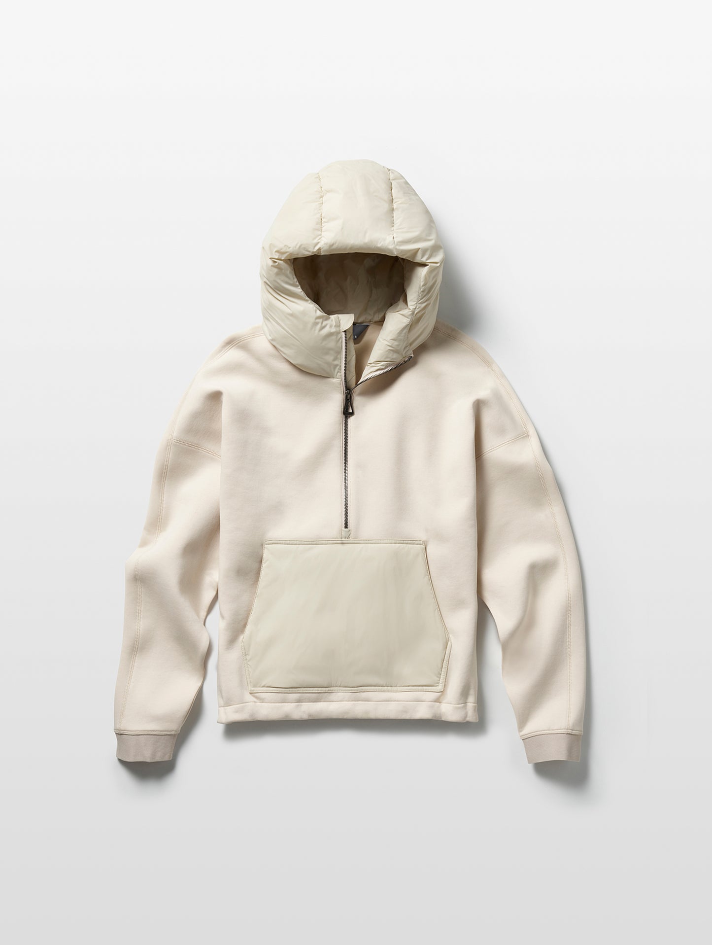 Flay lay of women's Align Hooded Anorak in Bone white from AETHER Apparel.