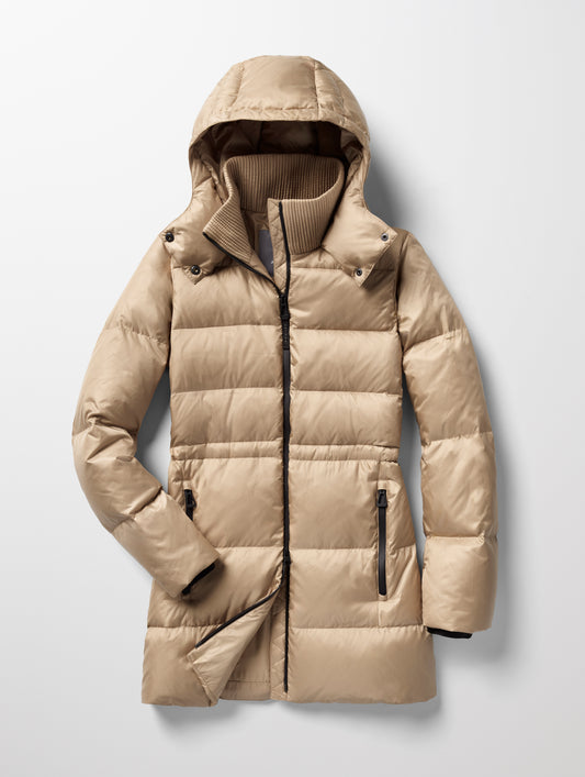 Flat lay of Aura Puffer Long in Chinchilla Brown from AETHER Apparel.