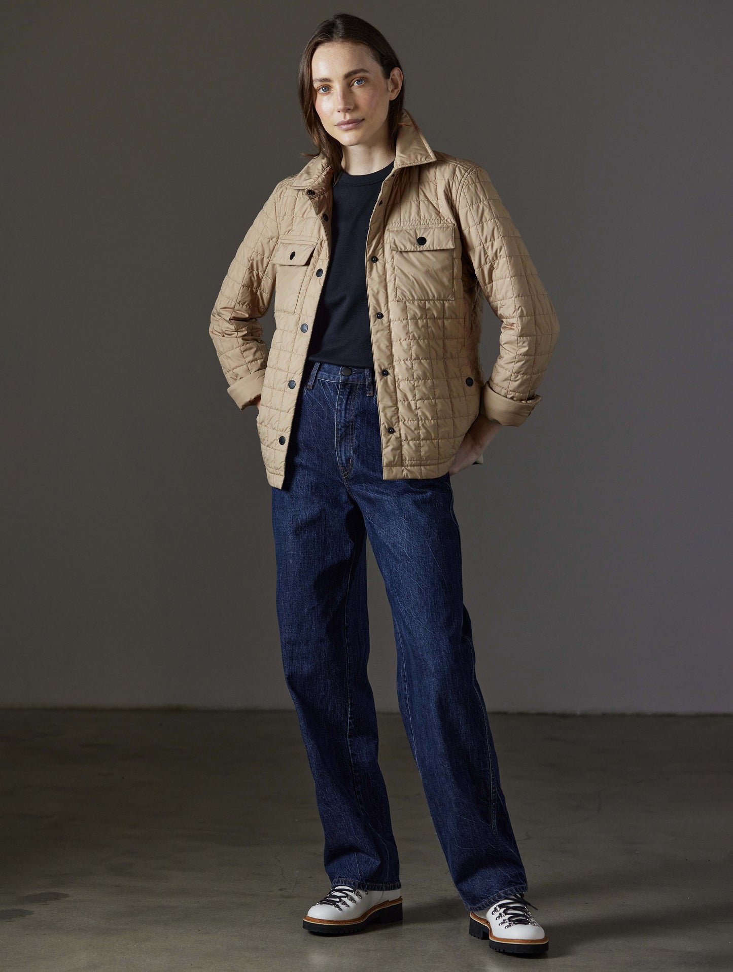 Front angled full-body view of woman wearing Bardo Shirt Jacket in Chinchilla Brown from AETHER Apparel.