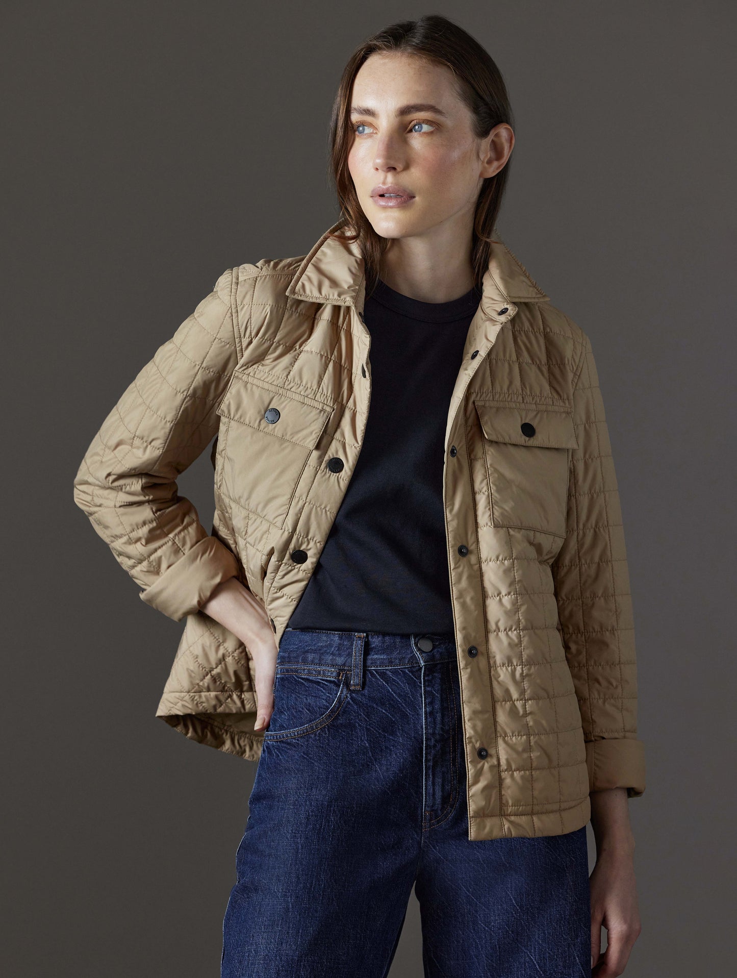 Front view of woman wearing Bardo Shirt Jacket in Chinchilla Brown from AETHER Apparel.