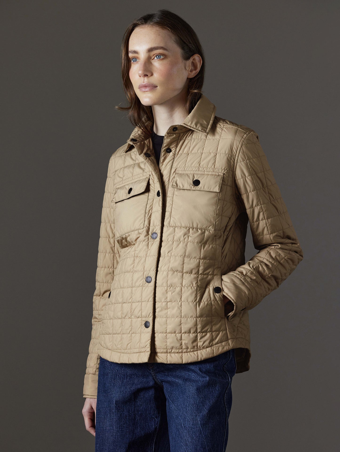 Front angled view of woman wearing Bardo Shirt Jacket in Chinchilla Brown from AETHER Apparel.