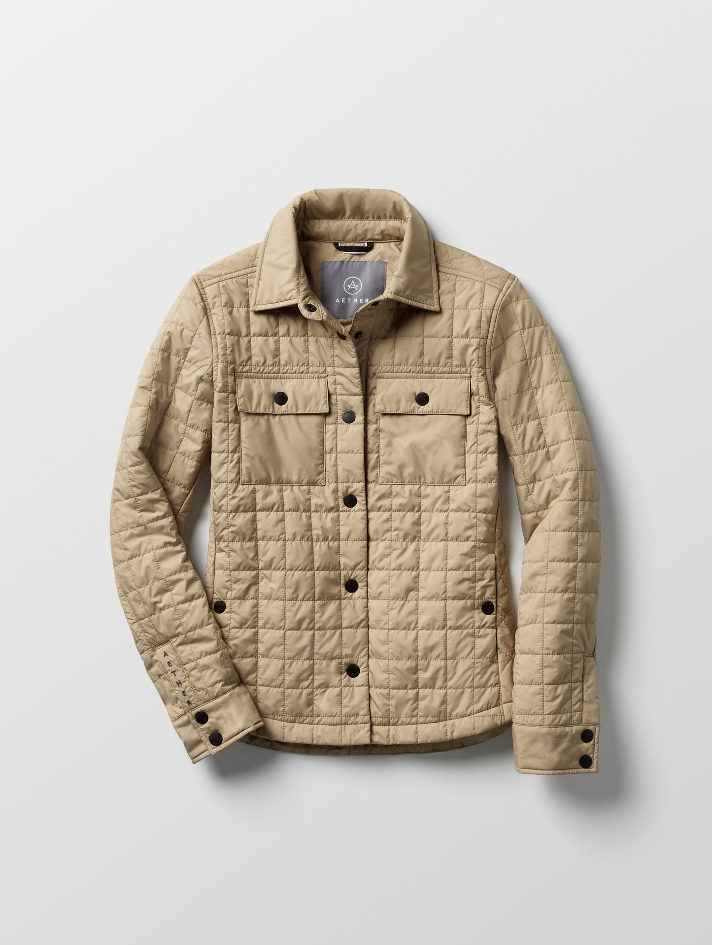 Flat lay of women’s Bardo Shirt Jacket in Chinchilla Brown from AETHER Apparel.