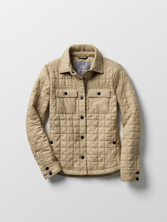 Flat lay of women’s Bardo Shirt Jacket in Chinchilla Brown from AETHER Apparel.