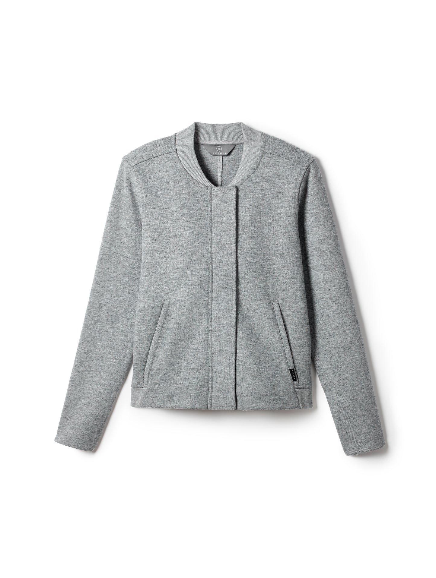 Isolated view of women's grey Boiled Wool Bomber from AETHER Apparel.