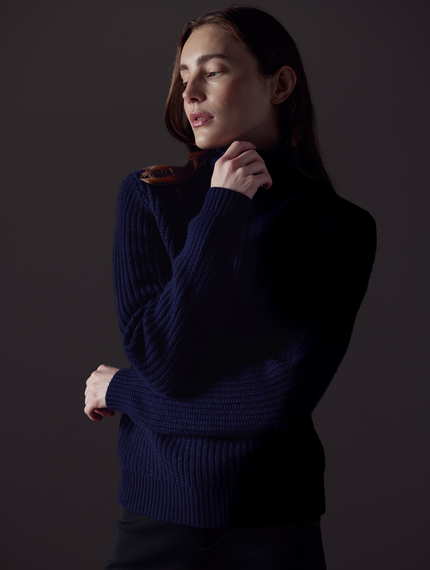 Woman wearing dark blue Davis Half-Zip Sweater