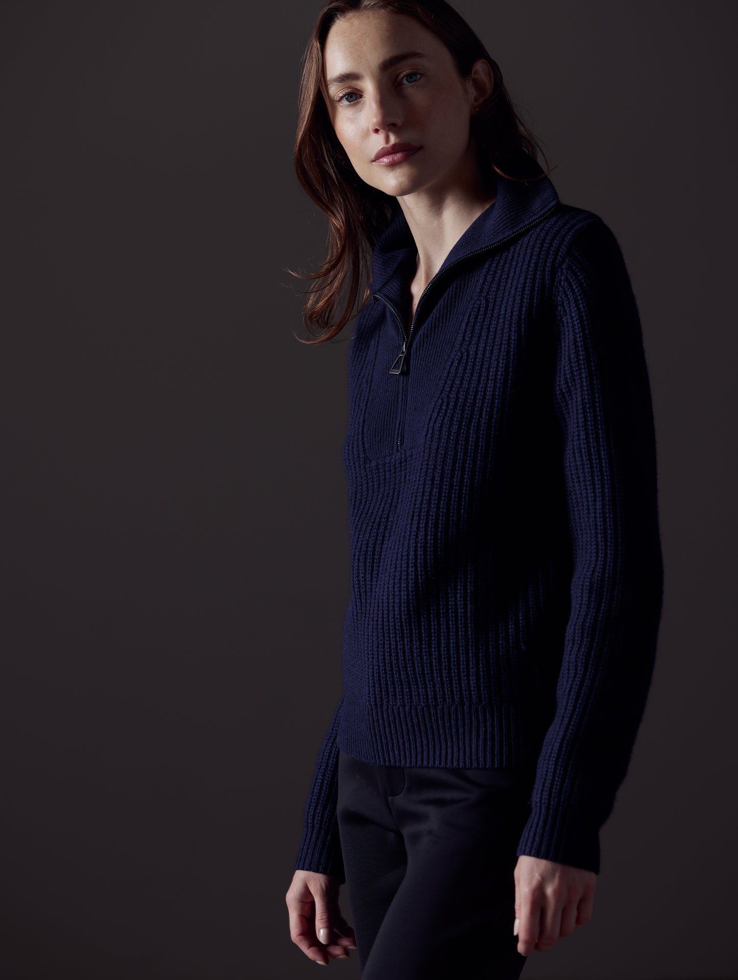 Woman wearing dark blue Davis Half-Zip Sweater
