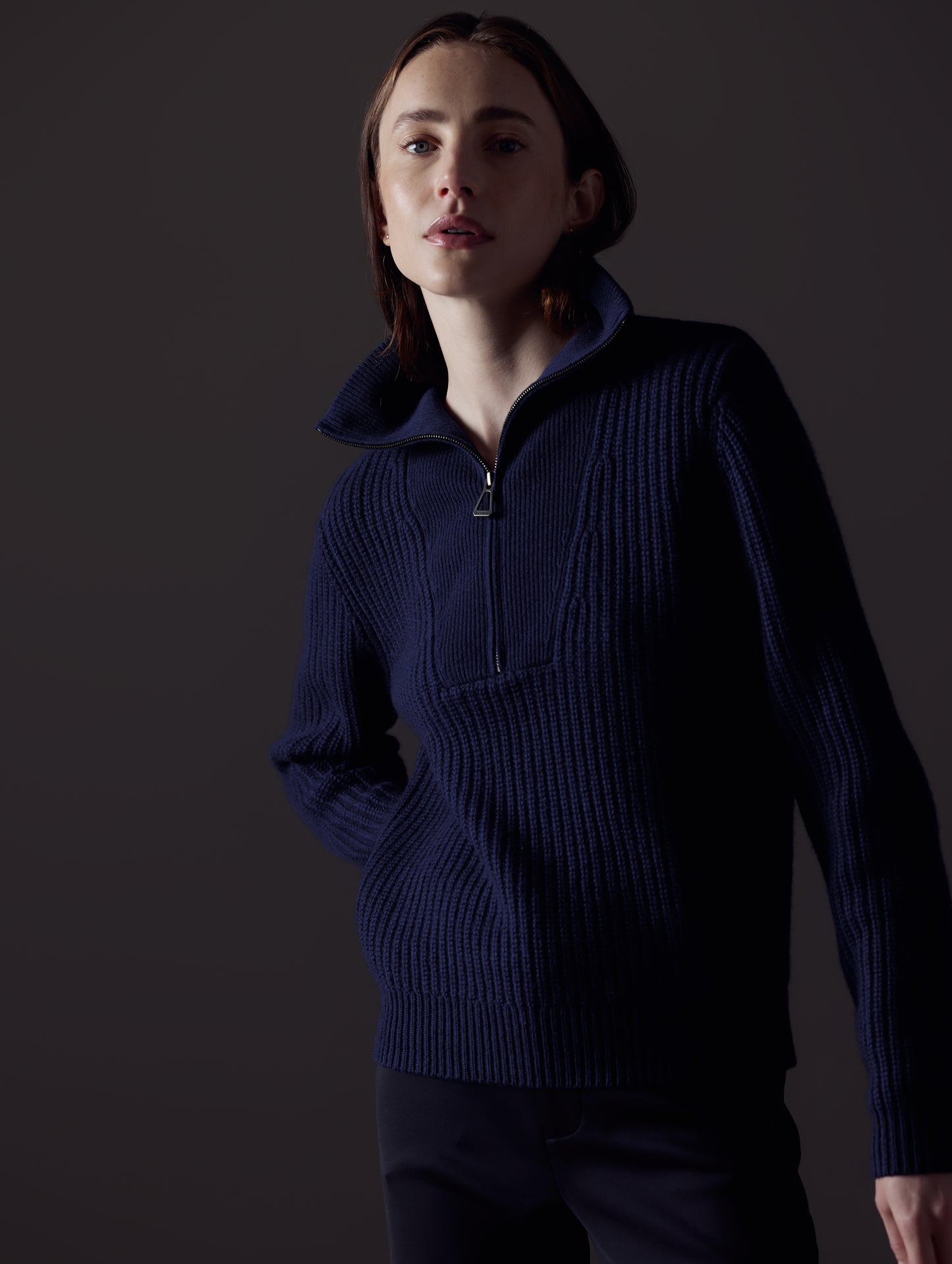 Woman wearing dark blue Davis Half-Zip Sweater