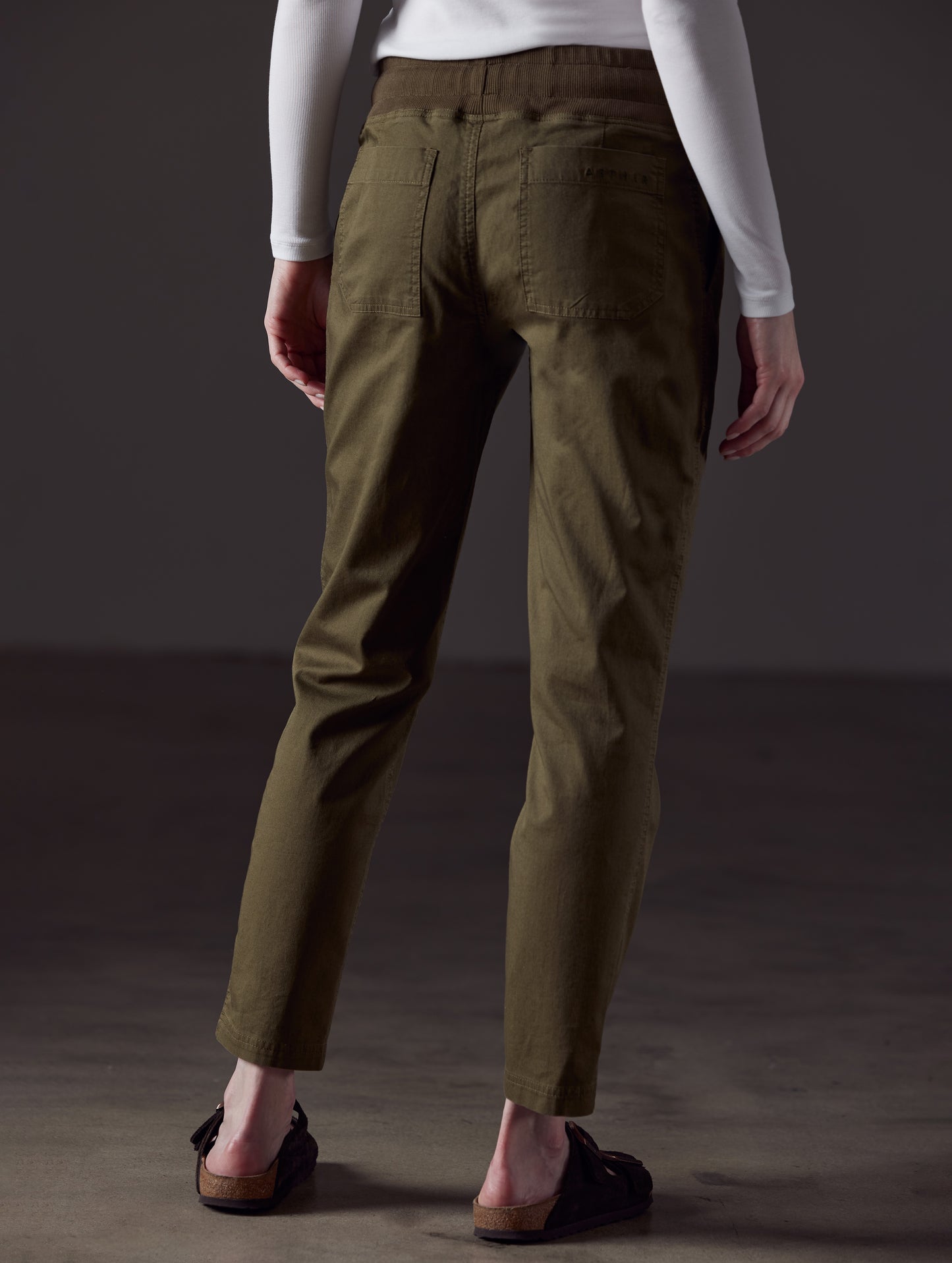 back view of green cotton pant from AETHER Apparel