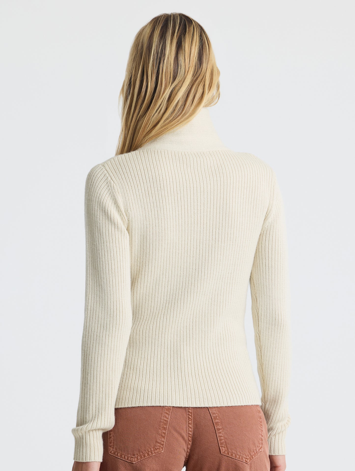 Rear view of woman wearing Lexington Sweater in Bone white from AETHER Apparel.