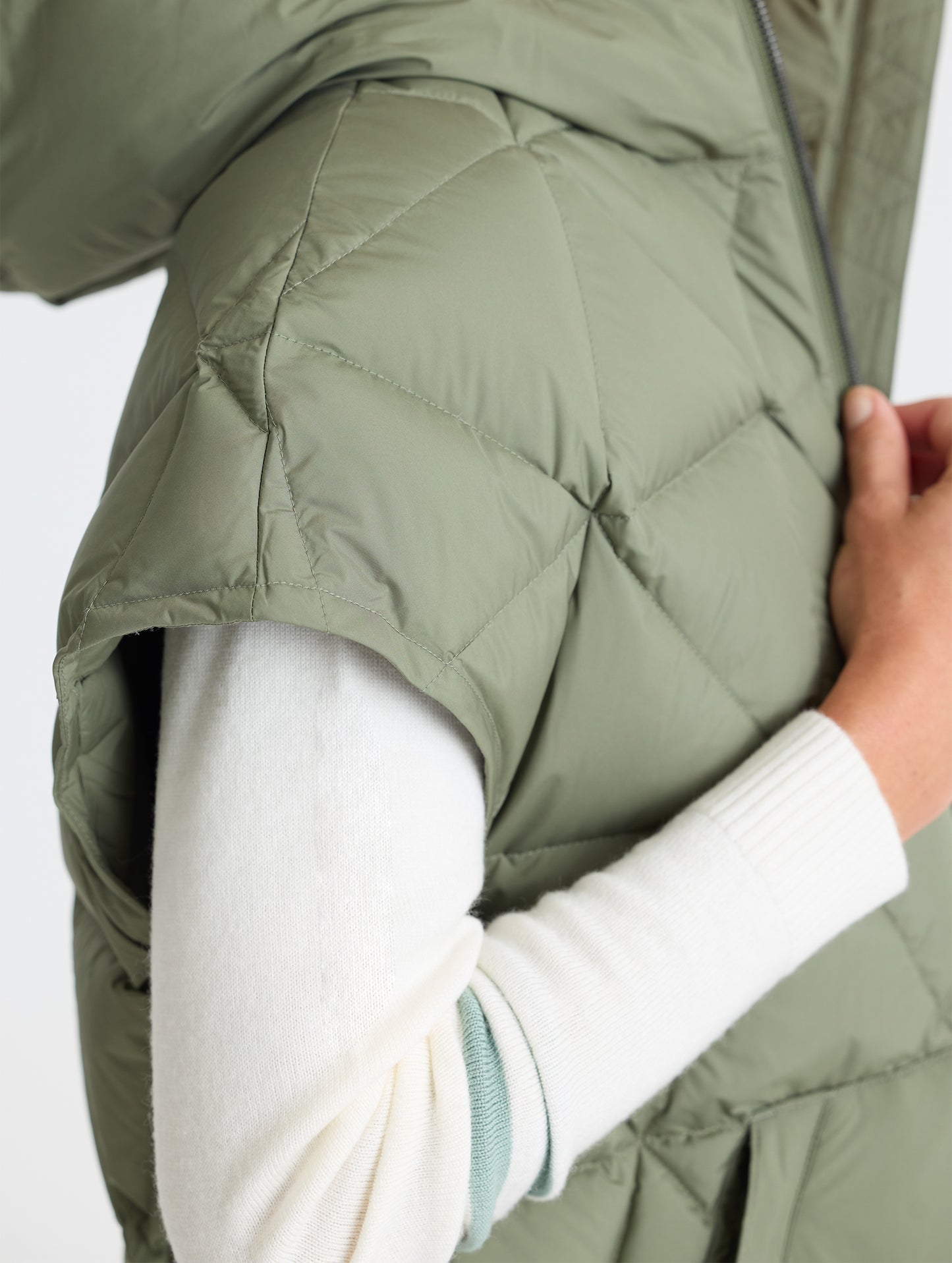Closeup view of sleeve opening of Mailen Oversized Vest in Fern Green from AETHER Apparel.