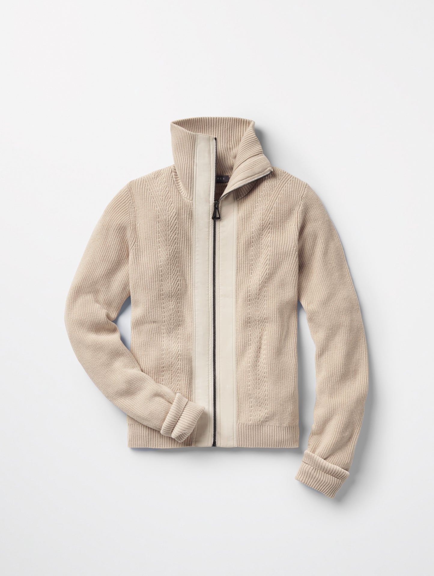 Flat lay of women's Rhea Full-Zip Sweater in Bone white from AETHER Apparel.