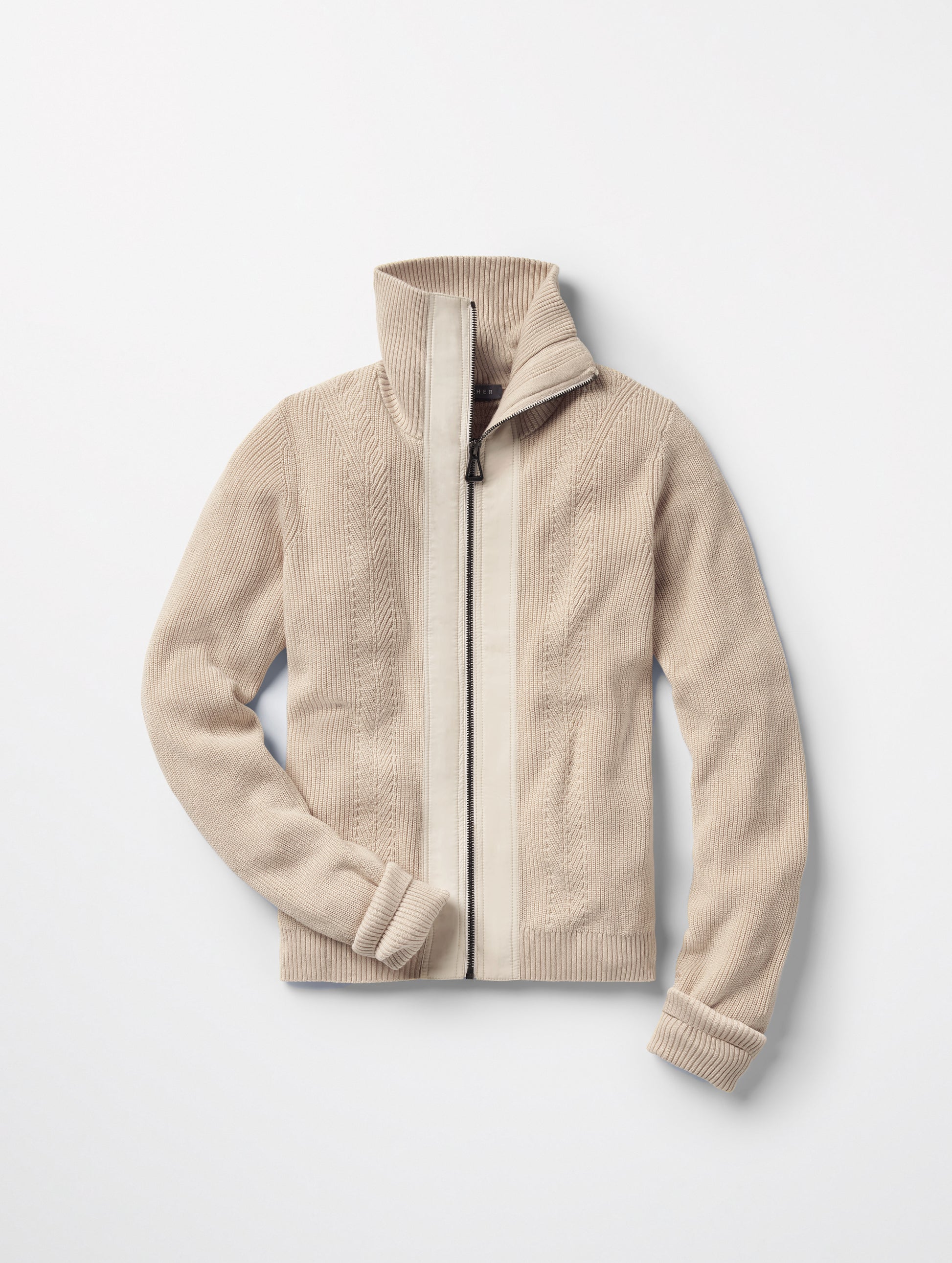 Flat lay of women's Rhea Full-Zip Sweater in Bone white from AETHER Apparel.