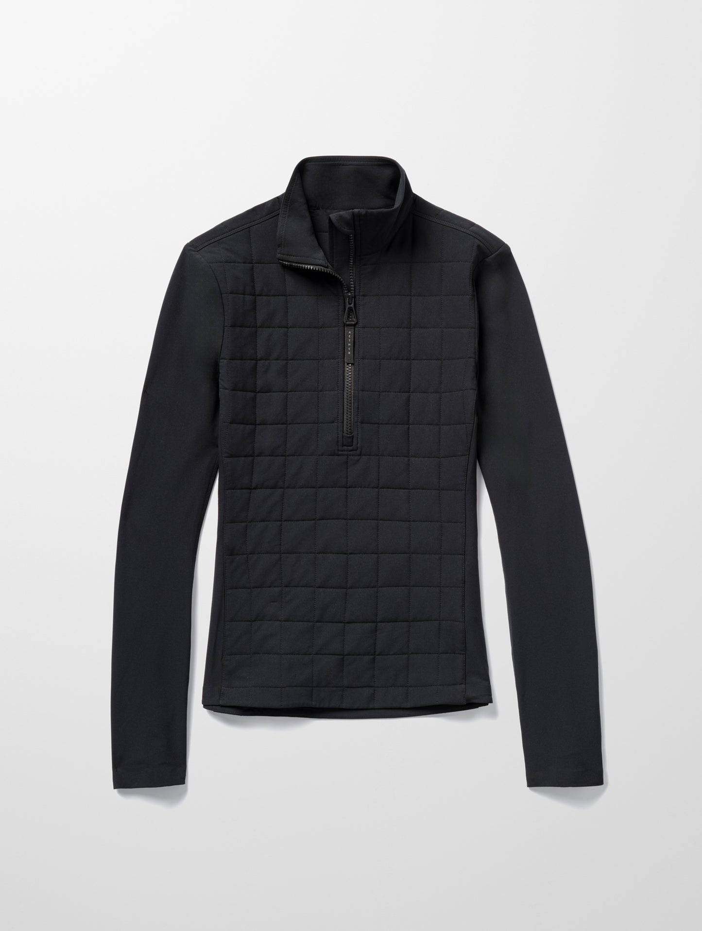 Flat lay image of the Wren Insulated Half-Zip in Onyx Black from AETHER Apparel.