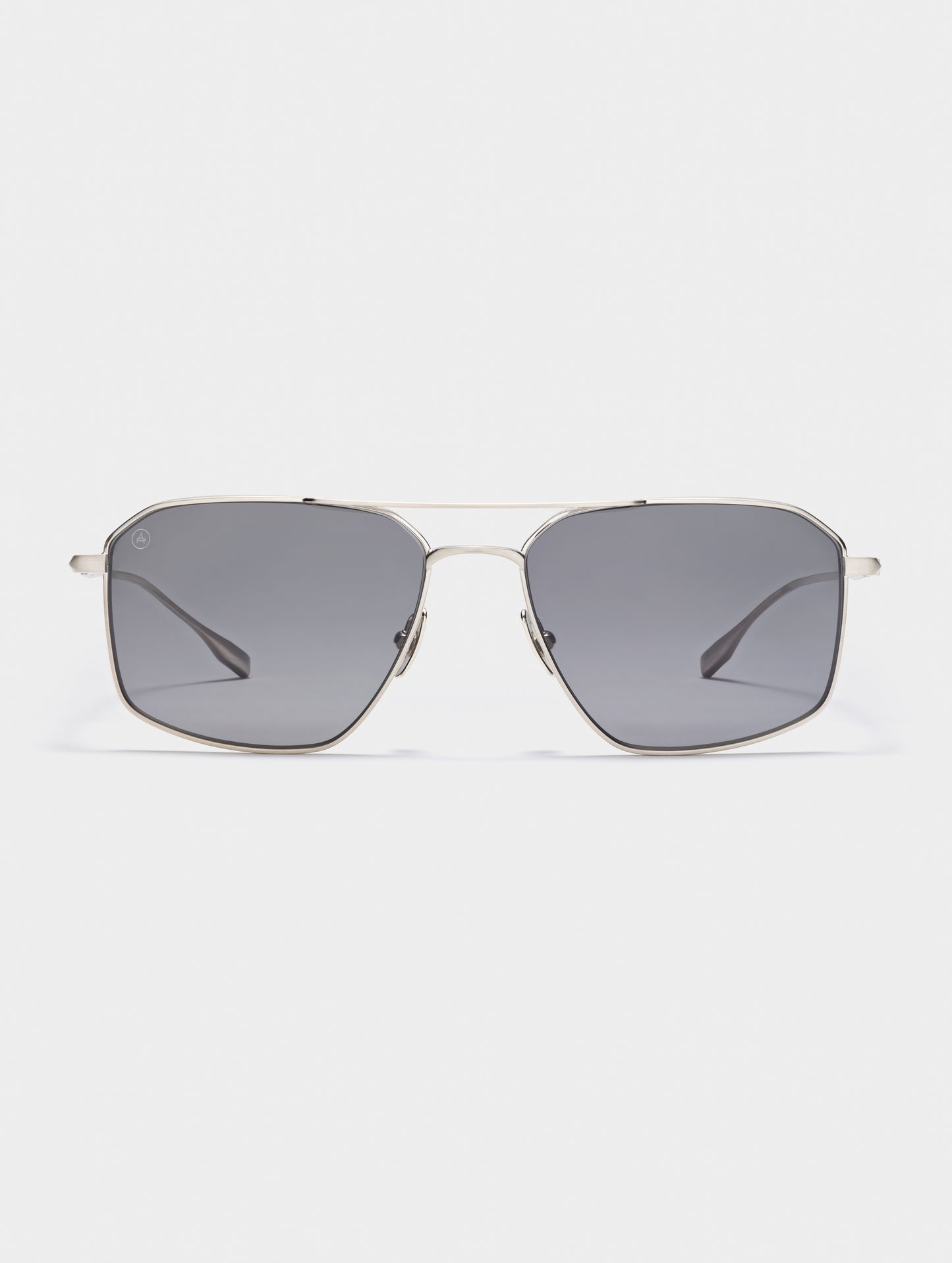 Front view of Arches Sunglass in Brushed Silver with Grey Lens from AETHER Apparel.