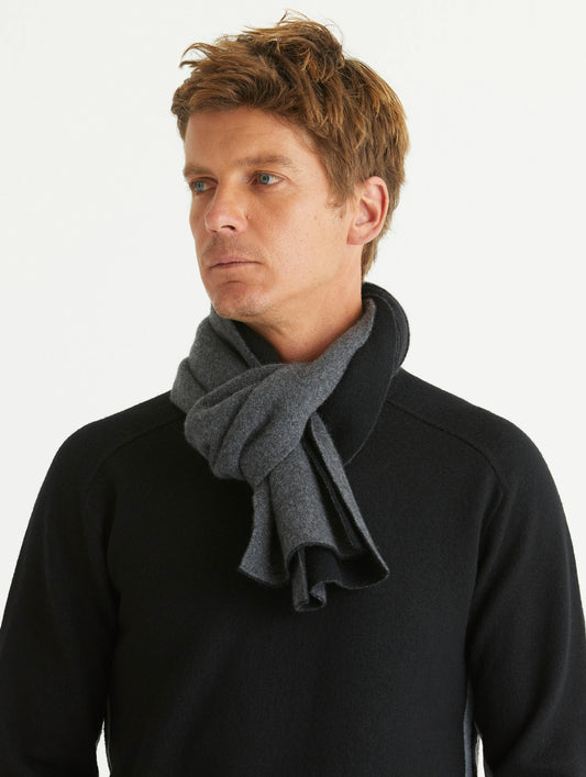 Front view of man wearing Avesta Cashmere Scarf in Onyx Black from AETHER Apparel.